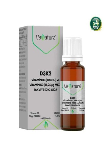 VeNatura D3K2 Vitamin D3 and K2 (11.25 Mcg Mk-7) Drops 20 ml - 4 Pieces