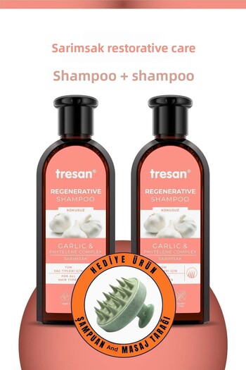 Tresan Garlic Repair Care Shampoo 300 ml X 2 Pieces - Pycos Shower Comb with Gift