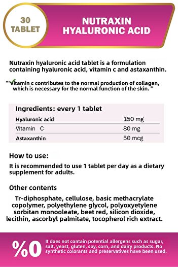 Nutraxin Hyaluronic Acid - Astaxanthin and Vitamin C 30 Tablets