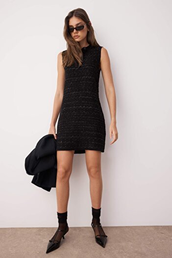 Trendyol Collection Black*001 Textured Short / Mini Tweed Look Knitwear Dress Twoaw25El00542