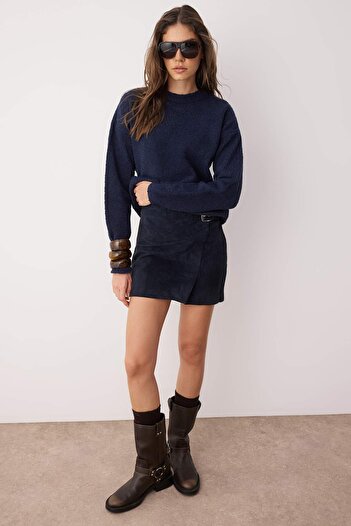 Trendyol Collection Albastru Marin*001 Pulover tricotaj cu textura simplă, cu croiala largă TWOAW23KZ01863