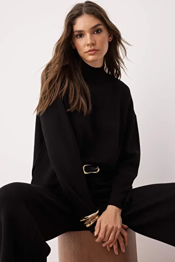 Trendyol Collection Black*001 Straight Knitwear with Pants Knitwear Bottom-Top Suit Twoaw24Au00045