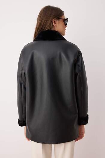 Trendyol Collection Black Faux Leather Fur Inside Mono Closure Oversize Midi Coat Twoaw26Kb00007