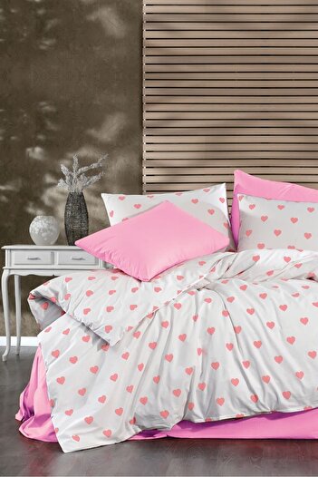 CANDAN ÇEYİZ Double Fitted Sheet Elastic Cotton Pink Heart Duvet Cover Set