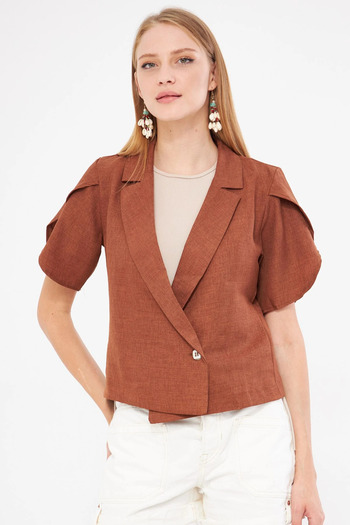 armonika Brown Slit Short Sleeve Crop Women's Jacket - ARM-24Y 001048