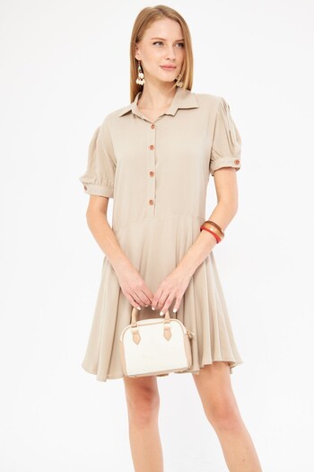 armonika Beige Flared Watermelon Sleeve Dress - Shirt Collar and Slit Detail ARM-24Y 001083