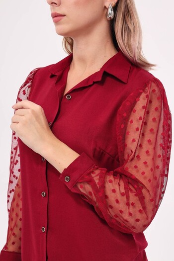 armonika Women's Burgundy Sleeves Tulle Shirt ARM-20K001068