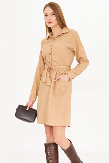 armonika Women's Beige Front Button Pocket Belted Velvet Dress Arm-25K 001085