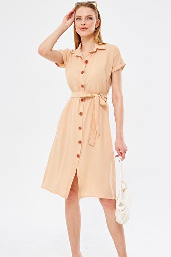 armonika Women's Cream Waist Belted Short Sleeve Shirt Dress ARM-19Y001068
