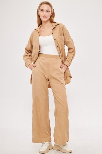 armonika Women's Beige Thin Corduroy Palazzo Trousers Arm-25K 001009
