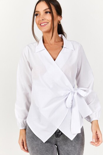 armonika Women's White Collar Double Breasted Blouse ARM-22Y024025