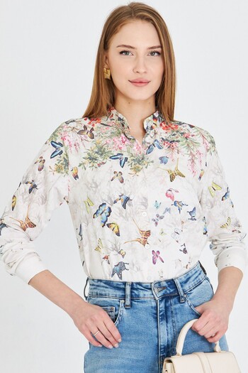armonika Women's Khaki Judge Collar Patterned Shirt Arm-25Y 001013