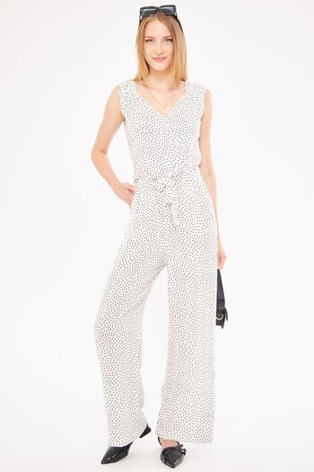 armonika White-Black Long Jumpsuit with Double Breasted Collar and Shoulder Detail - V Belted, ARM-24Y001049