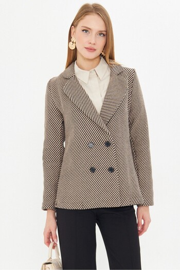 armonika Women's Beige Stripe Patterned Four-Button Stash Jacket ARM-24K001037