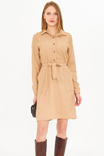armonika Women's Beige Front Button Pocket Belted Velvet Dress Arm-25K 001085