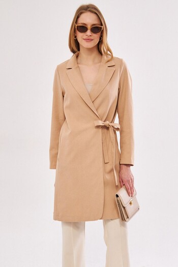 armonika Women's Beige Side Tie Long Coat ARM-24Y001019