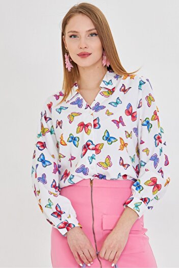 armonika Women's White V-Neck Balloon Sleeve Patterned Shirt Arm-25Y 001016