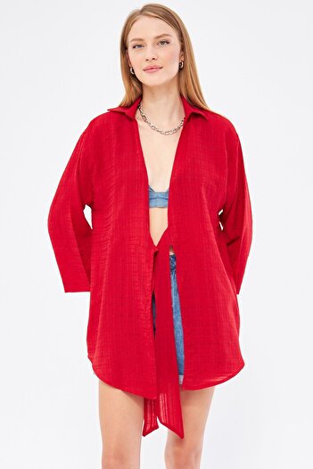 armonika Red Striped Women's Kimono Shirt - Front Tie, ARM-24Y 001101