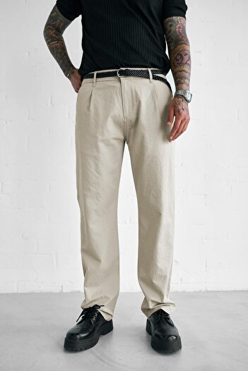 ablukaonline Men's Textured Thin Fabric Regular Fit Trousers Beige