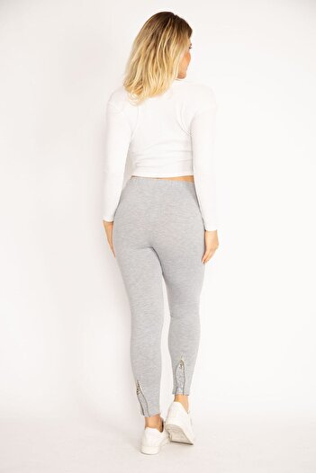 Şans Women's Large Size Gray Zipper and Stone Detailed Leggings Trousers 65n34882