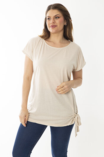 Şans Women's Plus Size Mink Lace-Up Low Sleeve Blouse 65N37031