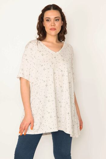 Şans Women's Plus Size Mink Cotton Fabric V-Neck Patterned Tunic 65n32657