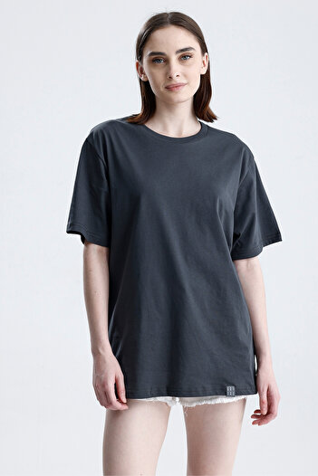 Sofist İstanbul Μπλουζάκι Unisex Loose Fit σε γκρι ανθρακί 100% βαμβακερό μονόχρωμο μπλουζάκι με λαιμόκοψη