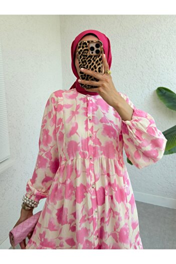 Modamorfo Half Button Sleeve Elastic Patterned Dress -Pomegranate Flower