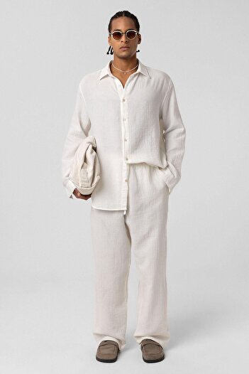 VAMOSCLO Baggy Fit Muslin Linen Trousers Ecru