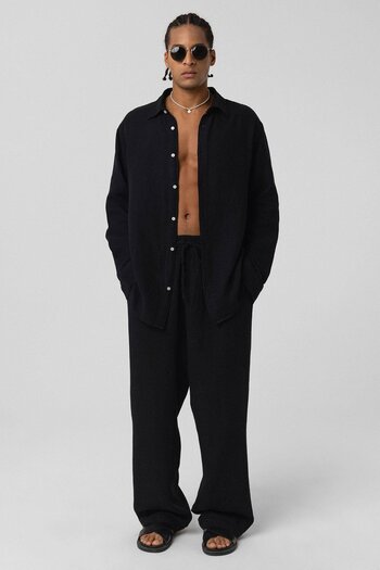 VAMOSCLO Baggy Fit Muslin Linen Trousers Black