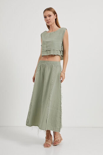 Arma Life Women's Elastic Waist Summer Muslin Green Long Skirt