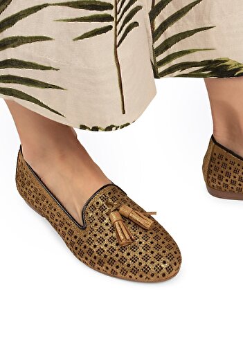 Deery Genuine Leather Gold Color Laser Cut Women's Ballerinas