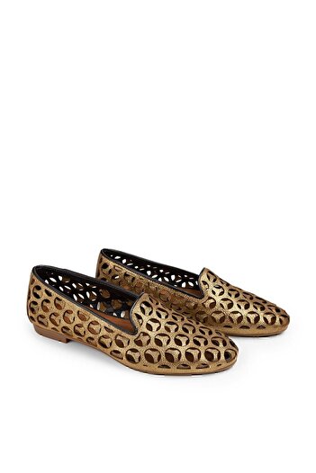 Deery Genuine Leather Gold Color Laser Cut Women's Ballerinas