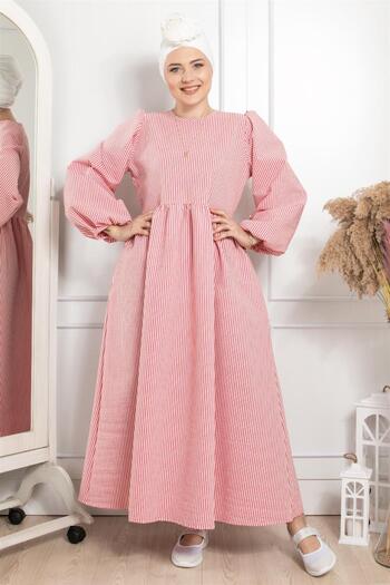 Modaviki Balloon Sleeve Striped Dress Red Eth01