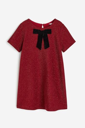 MİO Girl's Shiny Glitter Bow Detailed Dress - Special Day and Invitation Elegant Red