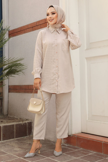 Neva Style Μπεζ Hijab Διπλό Σετ - Gingham Λεπτομέρεια, 12191BEJ