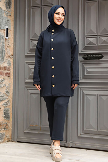 Neva Style Σετ Μπλε Navy Hijab Διπλό - Κουμπί, 12391L