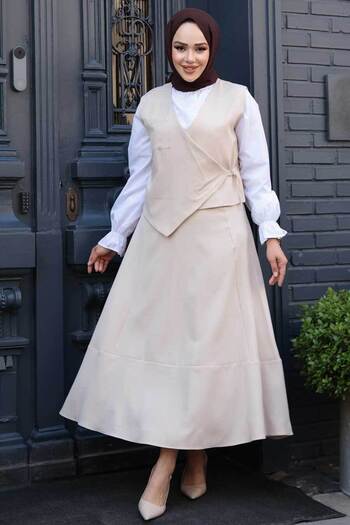 N.S NEVA STYLE Beige Hijab Skirt Double Suit 75471Bej