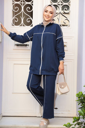 Neva Style Navy Blue Hijab Zippered Double Set - 20105L