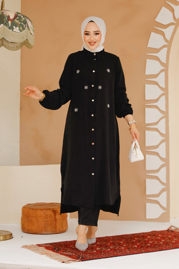 Neva Style Μαύρο Hijab Διπλό Σετ με Λεπτομέρεια Χάντρας 12082s