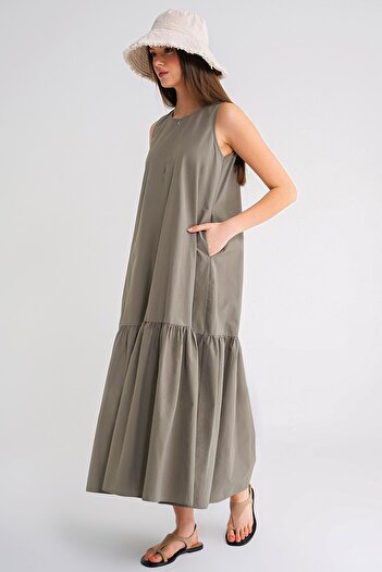 Mixray 4695 Women's Skirt Pleated Zipper Detailed Long Parachute Dress Khaki