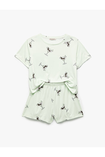 Koton Köpek Baskılı Kısa Kollu Bisiklet Yaka Şortlu Pijama Takımı