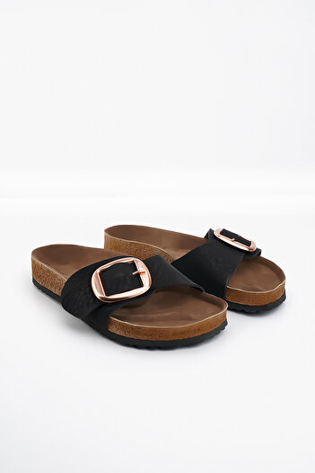 Blyss Women's Slippers Black Skin Leather Skin Summer Single Buckle Adjustable Stylish Daily Slippers