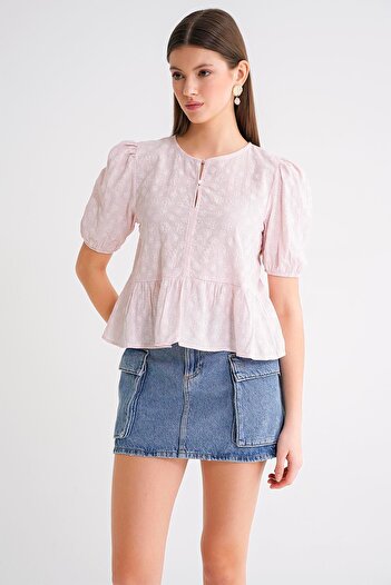 Mixray 4688 Kadın Balon Kol Çiçek Desenli Peplum Bluz Pembe