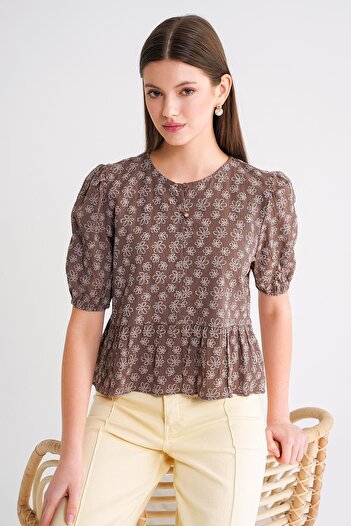 Mixray 4688 Women's Balloon Sleeve Floral Patterned Peplum Blouse Brown