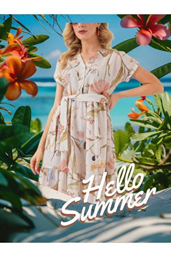 Freeista Cream Patterned Short Sleeve Dress