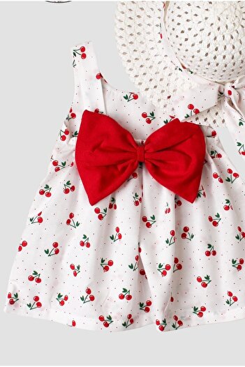 Chicsy Baby Kiraz Desenli Şapkalı Fiyonklu  Kız Bebek Elbisesi