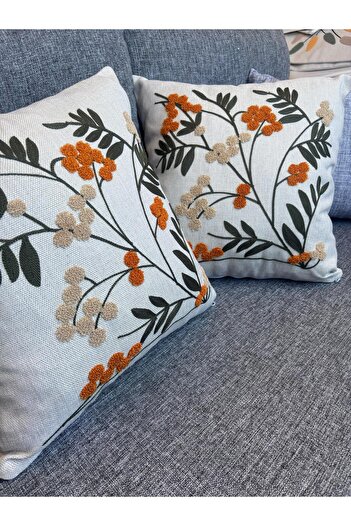 Mustgross Bohemian Punch Embroidered Linen Throw Pillow Cover Set of 2 - 43X43 cm