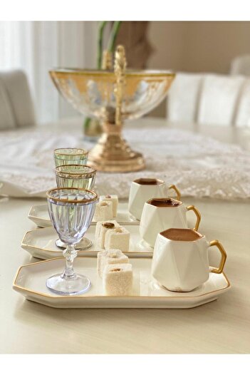 Carmen Soft Set of 6 Coffee Cups with Serving Plate White