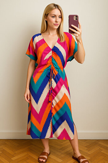 MAMAYAGA Women's V-Neck Front Gathered Half Sleeve 100% Viscose Patterned Sports Stylish Plus Size Curve Summer Dress